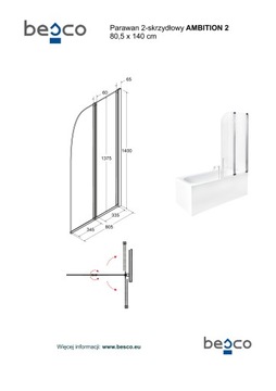Шторка для ванны Ambition 2 Besco 80,5 x 140 хромированный профиль