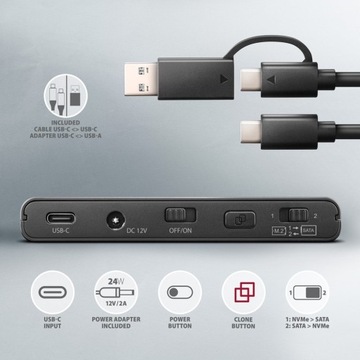 Адаптер ADSA-CC USB-C 10 Гбит/с NVMe M.2 2,5/3,5 SSD и HDD Clone Master 2
