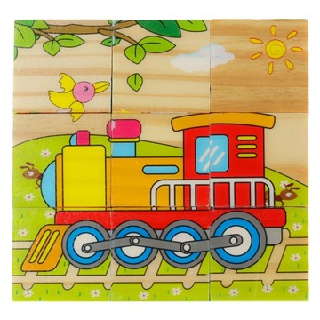 KLOCKI DREWNIANE UKŁADANKA EDUKACYJNE PUZZLE KOSTKI POJAZDY 6W1 ZESTAW 9EL.