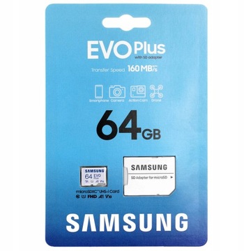 КАРТА ПАМЯТИ SAMSUNG EVO Plus EVO+ 64 ГБ micro SD 160 МБ/с с адаптером