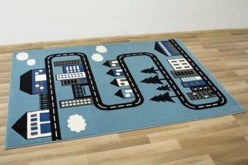 140x200 cm DYWAN DZIECIĘCY NIEBIESKI CZARNY DROGA ULICA DOMKI LUNA KIDS