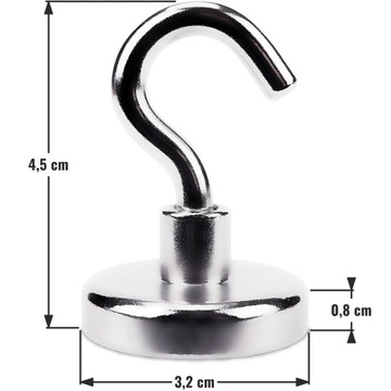 MAGNES NEODYMOWY Z HACZYKIEM Ø32 mm / 38 kg, Uchwyt Wieszak Haczyk, 4 szt.