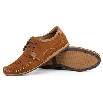 Buty męskie skórzane mokasyny sznurowane na lato ażurowe 875L camel brąz 43