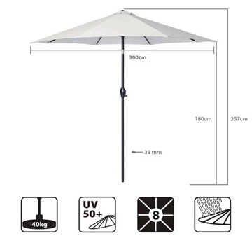 PARASOL PRZECIWSŁONECZNY OGRODOWY 300CM ŚREDNICY KREMOWY SEKEY