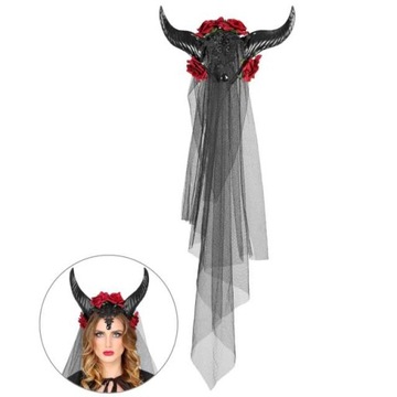 ПОВЯЗКА НА ГОЛОВУ ВУАЛЬ С РОГАМИ ТИАРА розы Хэллоуин Дьявол суккуб DEMON LARP наряд