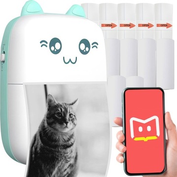 Мини-термопринтер Cat, 11 рулонов для фотографий, портативный портативный принтер для заметок для детей