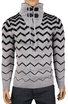 Sweter męski wełniany gruby ciepły golf komin stójka zimowy siwy szary L