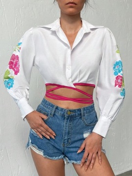 РУБАШКА ЖЕНСКАЯ ИЗ ХЛОПКА С УКОРОЧЕННОЙ ВЫШИВКОЙ, БЕЛАЯ ПОВСЕДНЕВНАЯ SHEIN M 38