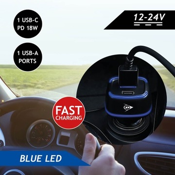 DUNLOP Ładowarka samochodowa USB A + USB C podświetlenie Blue LED