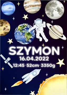 Plakat A4 imię dziecka metryczka kosmos planety