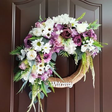 Весенний свадебный венок WELCOME, фиолетовый, для дверей, цветы, большой, 43 см