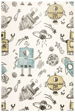 DYWAN DZIECIĘCY W ROBOTY RAKIETY KREM SZARY MIĘKKIE RUNO LIMA 80x150 cm