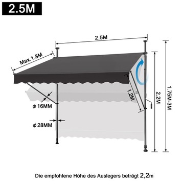 Маркиза Aufun Clamped 250 x 120 см темно-серый
