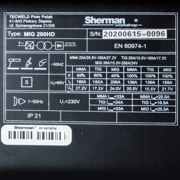 ПОЛУАВТОМАТИЧЕСКИЙ СВАРОЧНЫЙ АППАРАТ SHERMAN MIG 200 HD MMA TIG 200A 230V 3IN1