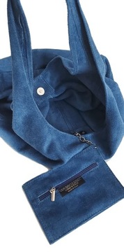 Shopper Bag Zamsz Włoska Vera Pelle worek Blue Jeans