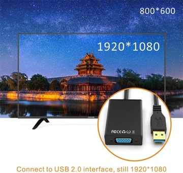 Adapter Video USB na VGA 1080p, Czarny GANA AB-DE-USB2VGA