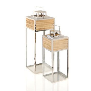 Duża srebrna latarnia lampion chrom+drewno 2w1 68c