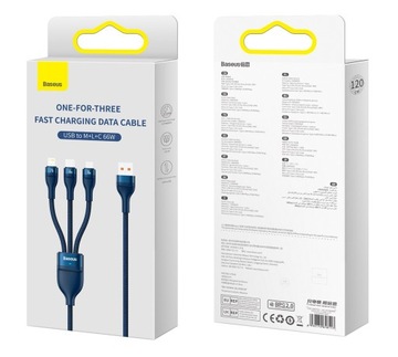 КАБЕЛЬ BASEUS FLASH SERIES II 3 В 1 USB C/MICRO-USB/IPHONE LIGHTNING 66 Вт 1,2 М