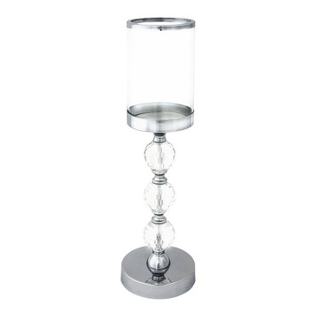 ŚWIECZNIK SZKLANY GLAMOUR KRYSZTAŁOWY LAMPION NA NÓŻCE 41cm 115565 SREBRNY