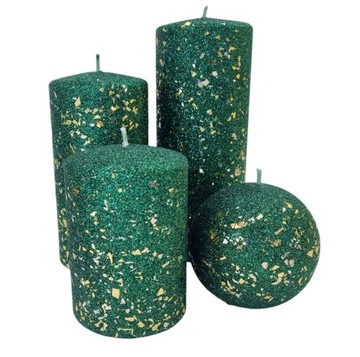ŚWIECA ozdobna GLAMOUR 14cm ZIELONA BROKATOWA ZŁOTE DROBINKI ARTMAN walec