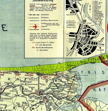 Старая карта Вольного города Гданьск Данциг 1927 года. 50х40см