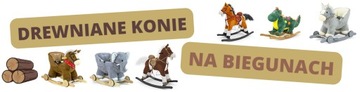 DREWNIANY KOŃ KONIK NA BIEGUNACH BUJAK MELODIE RUSZA OGONEM PYSKIEM PREZENT