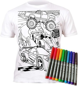 DIY SAMOCHÓD SAMOCHODY KOSZULKA T-shirt DO KOLOROWANIA +10 markery 9-11 lat