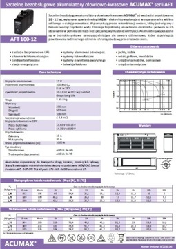 Аккумулятор AGM VRLA Acumax AFT 100 Ач 12 В SOLAR AFT 100-12 FRONT TERMINAL