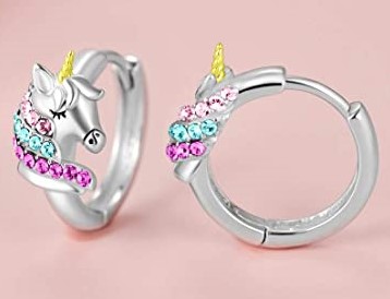 СЕРЕБРЯНЫЕ СЕРЬГИ С ЕДИНОРОГОМ 925 ПРОБЫ ДЛЯ ДЕВОЧКИ, СЕРЕБРЯНЫЕ СЕРЬГИ-ОБРУЧА
