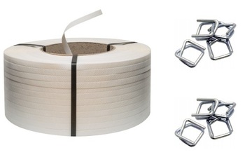 ZESTAW DO spinania PALET biała TAŚMA PP 16mm + ZAPINKI do bandowania
