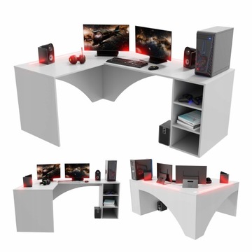 Угловой компьютерный стол Gamer, большой, белый, со светодиодной подсветкой