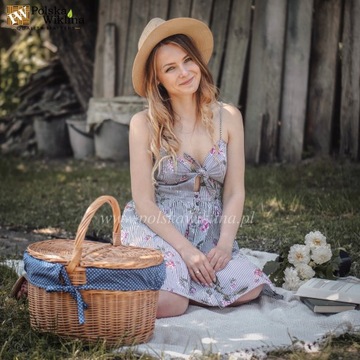 Kosz piknikowy wiklinowy z wkładem róże naturalny