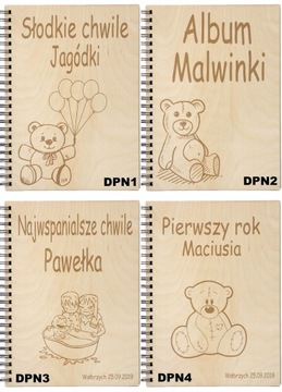 Drewniany album na zdjęcia chrzest roczek pionowy
