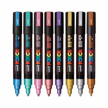 Маркеры UNI POSCA 5M с плакатной краской - Цвета Металлик НАБОР из 8 шт.