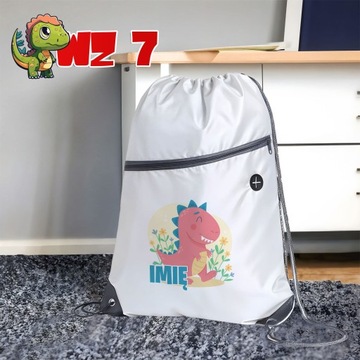BIAŁY WOREK PLECAK SZKOLNY NA BUTY KAPCIE DO SZKOŁY DINOZAUR Z IMIENIEM