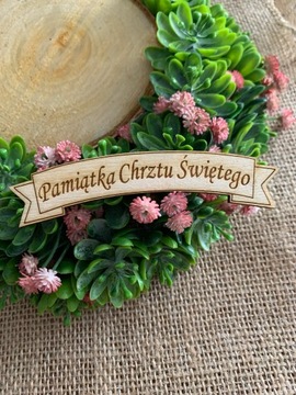 Drewniany baner tabliczka z napisem tekst Pamiątka Chrztu Świętego grawer
