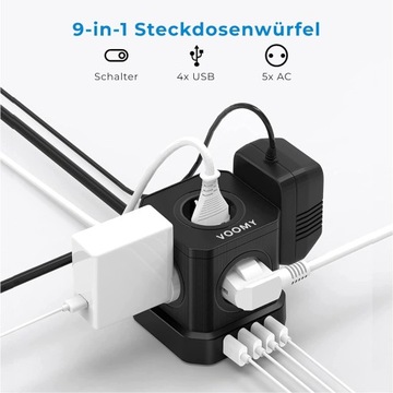 БЛОК ИСТОЧНИКА ПИТАНИЯ, ЗАЩИТНАЯ НАСТРОЙКА 9 в 1, 5 РАЗЪЕМОВ + 4 ПОРТА USB