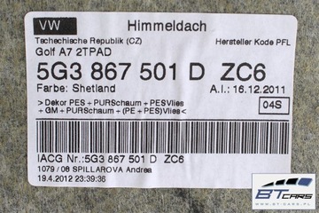 фото thumb №6, Vw golf 7 vii потолок люк 5g3867501d 5g3867501l 5g3867501n zc6 5