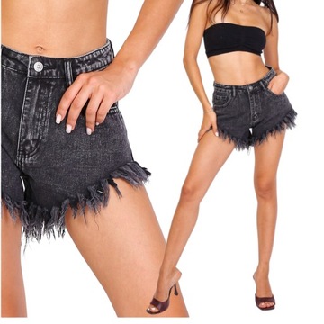 W734 Джинсовые шорты BLACK JEANS SHORTS с бахромой серого цвета под мрамор 34 XS