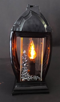 Unikatowy czarny znicz kapliczka lampion szklany ze srebrnym dekorem 33cm