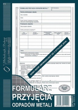 FORMULARZ PRZYJĘCIA ODPADÓW METALI 80 KARTEK DRUK