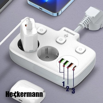 УДЛИНИТЕЛЬ ПИТАНИЯ 2500 Вт С QC3.0 4x USB