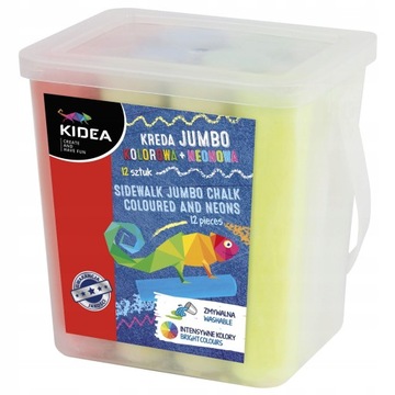 JUMBO ЦВЕТНОЙ ДОРОЖНЫЙ МЕЛ + НЕОН 12 ШТУК KIDEA В ВЕДРЕ