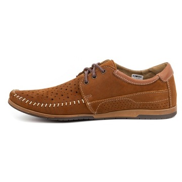 Buty męskie skórzane mokasyny sznurowane na lato ażurowe 875L camel brąz 47
