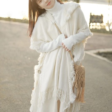 GIDYQ Knitted Capes Women Tassel Hooded Buttons Kn