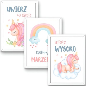 OBRAZKI DO POKOJU DZIEWCZYNKI ZESTAW 3 PLAKATY A3 JEDNOROŻEC MOTYWACYJNE