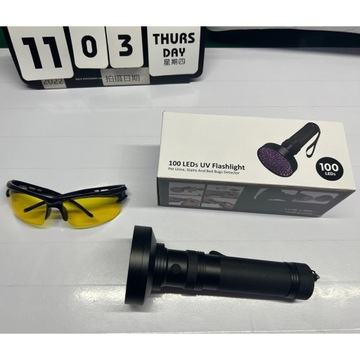 LATARKA UV DO SZUKANIA DETEKTOR BURSZTYNU MOCZ 100 LED 395NM + OKULARY
