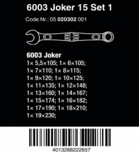WERA, набор из 15 плоско-кольцевых ключей Joker 6003