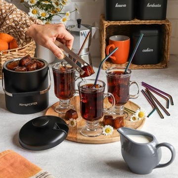 SZKLANKI DO KAWY na nóżce 6 sztuk KUBKI Z UCHEM ze złotymi łyżeczkami 240ml