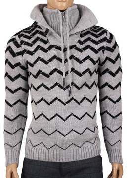 Sweter męski wełniany gruby ciepły golf komin stójka zimowy siwy szary L